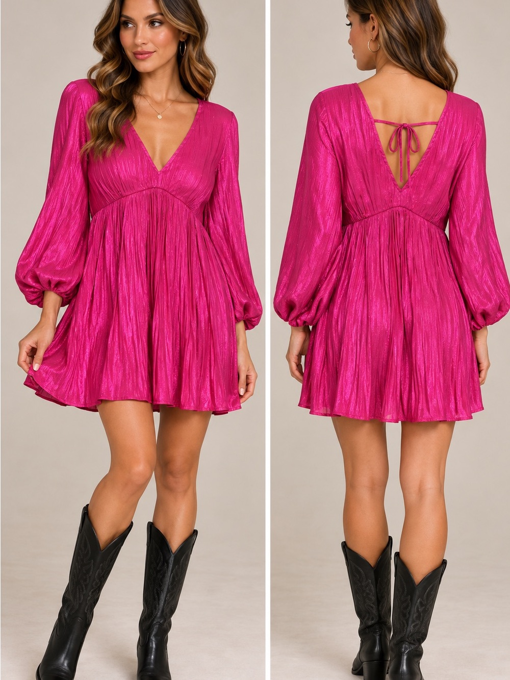 JODIFL Fuchsia V-Neck Babydoll Mini Dress
